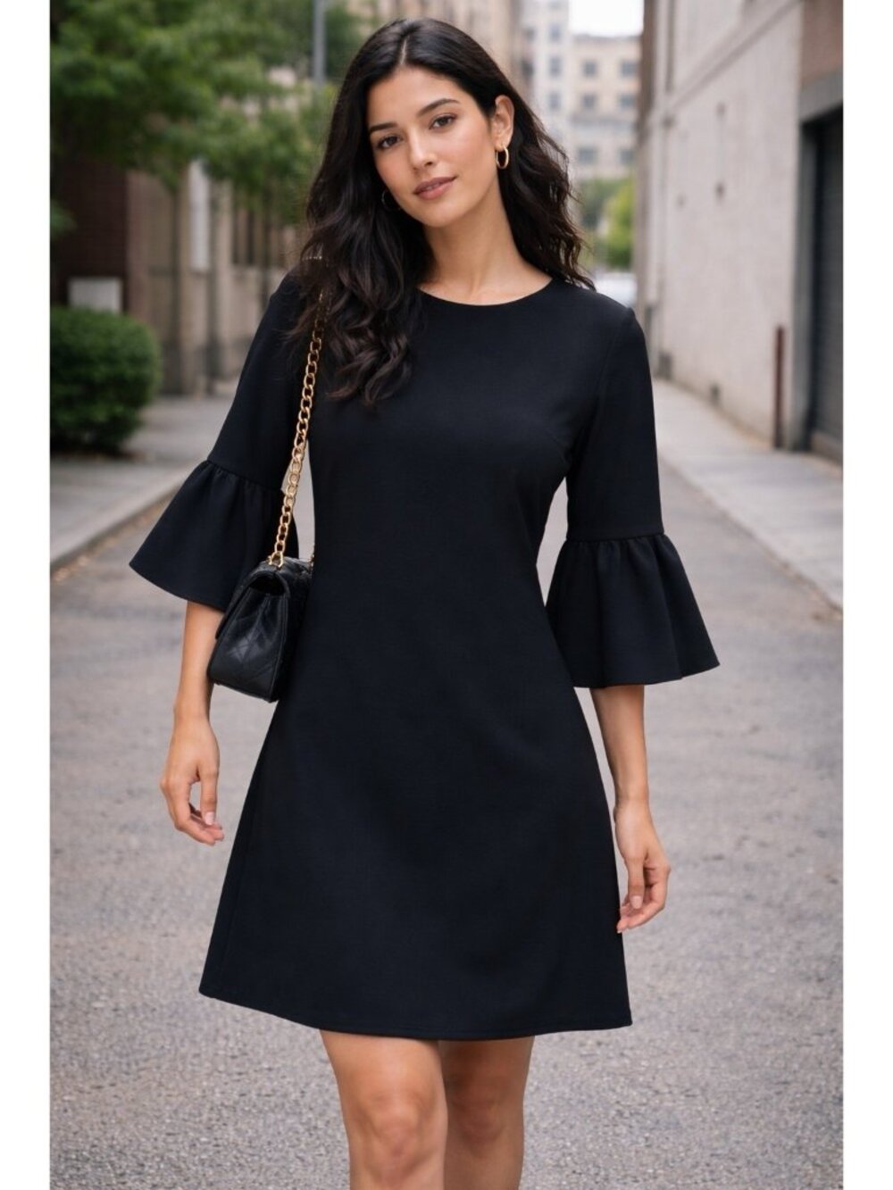 Feminine Womens 3/4 Bell Sleeves Black Zara Shift Dress XL Preppy Minimal Chic
